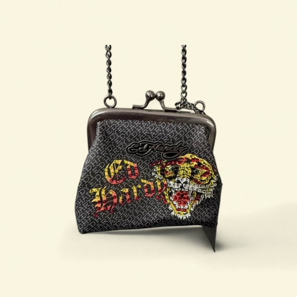 NWT ED HARDY Tiger Mini Crossbody Chain Coin Purse Charms Bag w/rhinestone